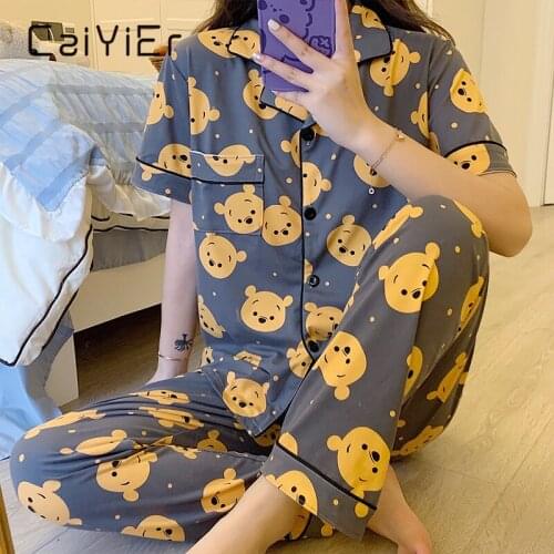 CAIYIER Autumn Winter Ladies Pajamas Set turn-down Collar Short Sleeve Trousers Casual Sleepwear Girls Cartoon Soft Pijama Suit