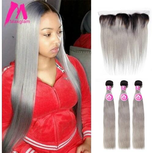 Brazilian Human Hair Extension Straight Bundles with Frontal Ombre Colored T1B Grey weave 30 Inch for Black Women 3 Bundles Remy