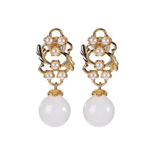 S925 sterling silver gold plated Hetian Jade White Jade pearl stud earrings personality round beads earring pendant for ladies