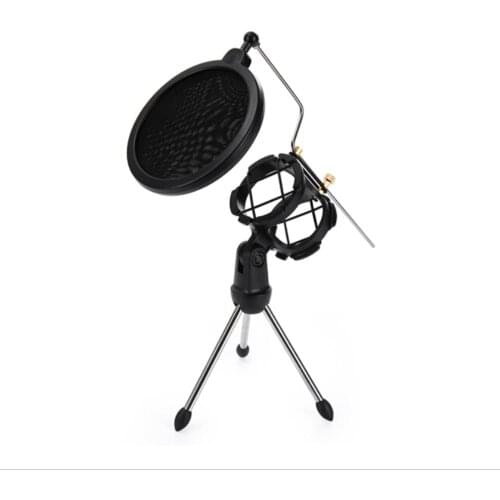 Microphone Tripod Stand Foldable Desktop Microphone Bracket with Shock Mount Mic Holder Clip Pop Filter