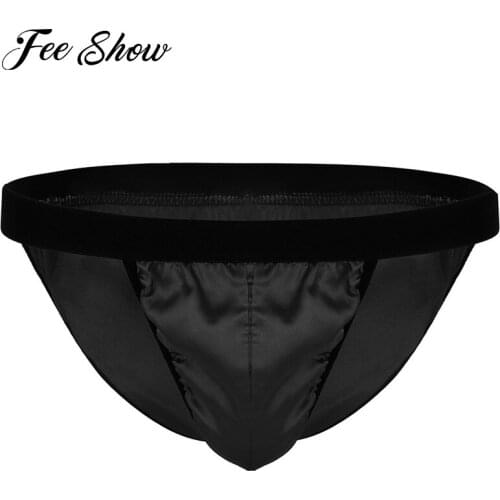 Gay Mens Low Rise Lingerie Sissy Briefs Panties Underwear Shiny Fabric High Cut Bikini Briefs Panties Underwear with Bulge Pouch