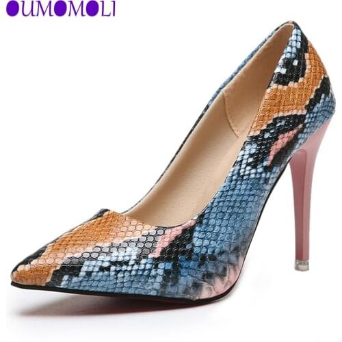 Women PU Leather Pointed Toe Pumps Snake Printing Female Shoes Fashion 2021 Slip on High Heel Pumps Plus Size Ladies Footwear
