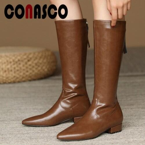 CONASCO Concise Elegant Women Knee High Boots Autumn Winter Warm Cow Leather Party Prom Office Boots Brand Design Shoes Woman