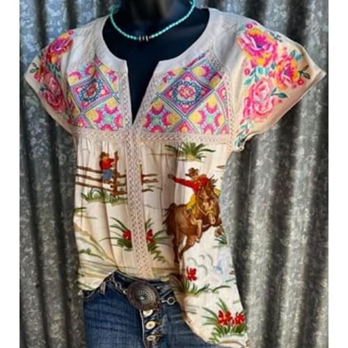 Vintage Woman Tshirts Summer New Casual V-neck Short Sleeve Tees Plus Size Loose Printed Graphic T Shirts Lugentolo