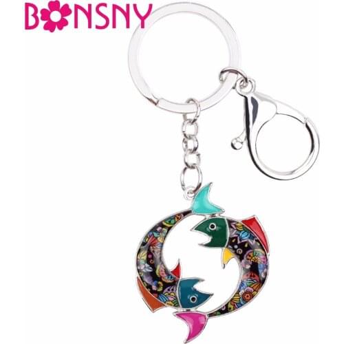 Bonsny Enamel Twelve Constellations Lucky Zodiac Pisces Key Chain Women Keyring Gift HandBag Charms Car key Purse the Fishs