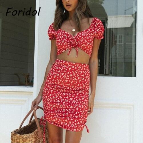Women Fashion Red Cropped Dress Suits Red Floral Print Bodycon Mini Dress 2 Pieces Sets 2021 Summer Beach Boho Dress Vestidos