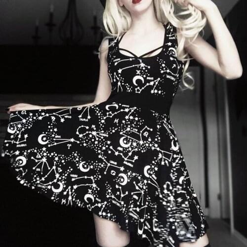 Black Slip Skirt Sexy New Dark Gothic Style Retro Star Moon Print Women Dress Sleeveless High Waist Square Neck Lolita Dress