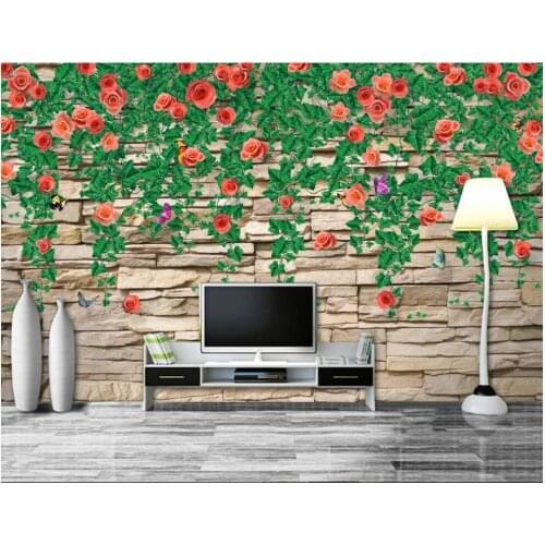 Custom photo 3d wallpaper on the wall Brick wall rose flower vine background living room 3d wall murals wallpaper for home decor