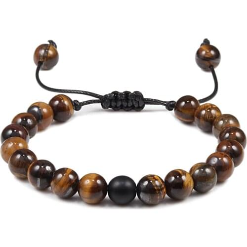 8mm Tiger Eye Stone Beads Bracelet Braided Rope Adjustable Black Matte Charm Healing Balance Beads Yoga Bracelet For Men Women