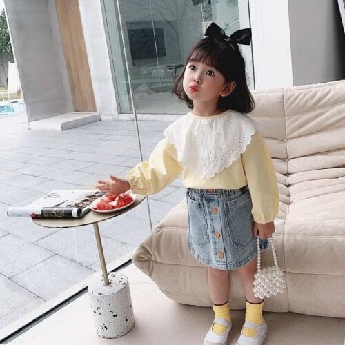 Kids Clothes 2021 Spring New Baby Girls Cute Shirts Korean Lace Collar Cotton T Shirt for Girls Childrens Long Sleeve Tops New