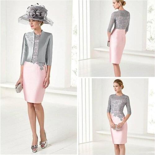 Elegant Pink Mother Of The Bride Dresses With Jacket Knee Length 3/4 Long Sleeve Mother Of The Groom Gowns Plus Size