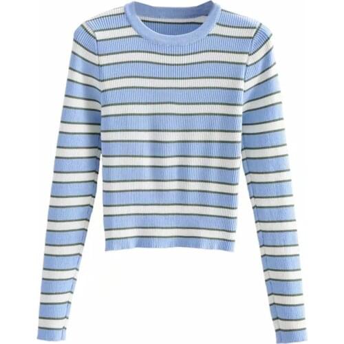 Hot Sale 2021 women spring autumn Jersey casual round collar sweater stripe knitting Lady short Jumper long-sleeved Knitwear top