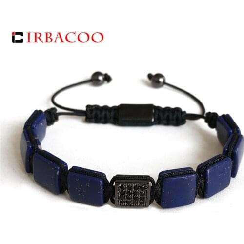 IRBACOO 2020 New Fashion Pave CZ Men Bracelet 8mm Flat Lapis Beads For Men Adjustable Beaded Bracelets Jewelry Gift