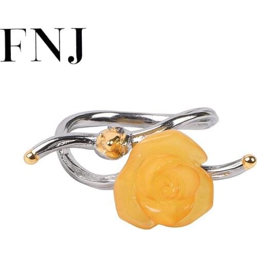 FNJ Amber Rose Flower Ring 925 Silver Vintage Original S925 Sterling Silver Rings for Women Jewelry Adjustable size