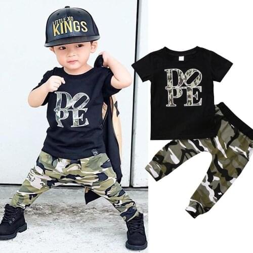 1-5Y Toddler Kids Boy Clothes Sets 2pcs Short Sleeve Letter Printed T-shirt Tops+Camouflage Outfits Clothing Set