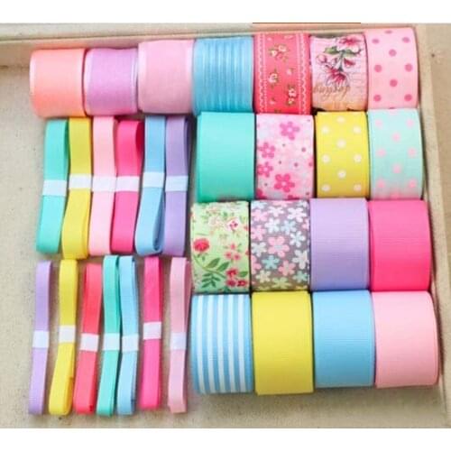 ZY DIY Beautiful Mixed 31 styles satin rainbow color Variety Printing Crochet Lace Checked Polka Dot Flower DIY decorative Ornam