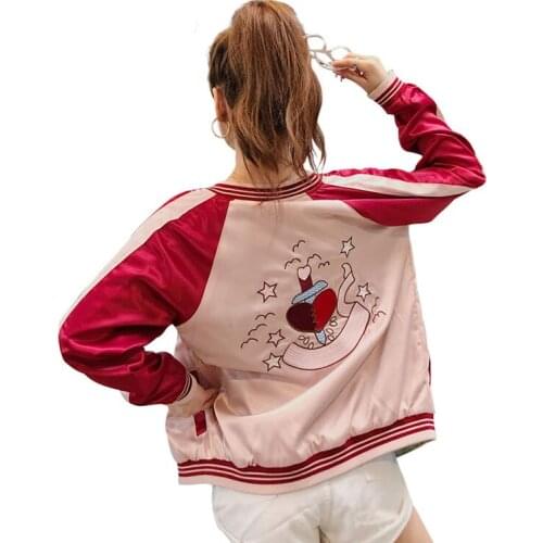 Yokosuka New Two Sided Wear Embroidery Pink Jacket Smooth Women Spring and Autumn Satin baseball Casual Loose Coats Female