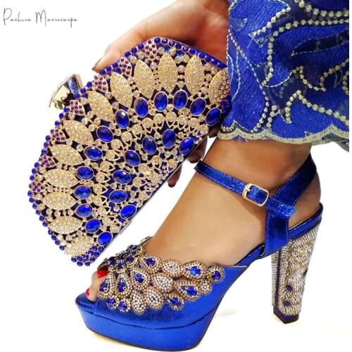 2020 Summer Italian Design High Quality Ladies Shoes Matching Bag Decorated With Rhinestone in Royal Blue Color for Party
