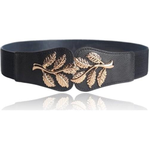 Fashion Golden Olive Leaf Waist Belt Snap Buckle Girdle Wild Decoration Cummerband Elastic Wide Ladies Belts for Dress Waistband