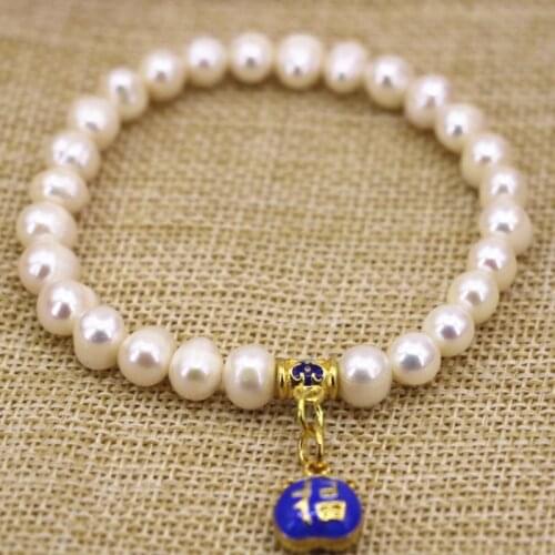 Fashion Women Bracelet & Bangle Natural White Freshwater Pearl 7-8mm Beads Cloisonne Pendant Bracelets Diy Jewelry 7.5inch B3140