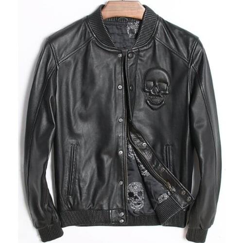 Mens Sheepskin Coat Motorcycle Real Genuine Leather Coat Bomber Jacket For Men Stand Collar Fashion Baseball Skull Male Korean