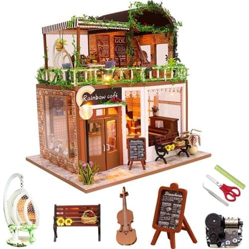 DIY Miniature Dollhouse Kit Wooden House European Style Cafe Handmade Model Birthday Gift Toys For Children Doll House Furniture