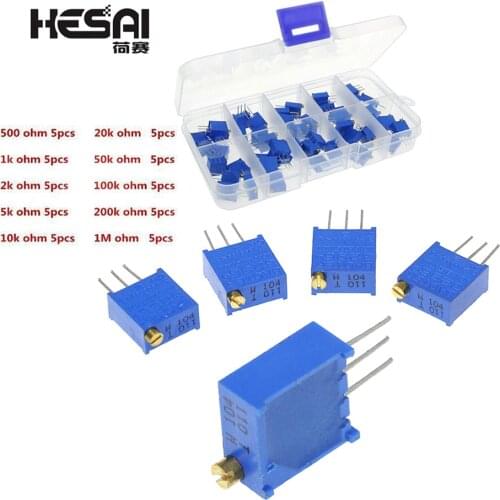 50PCS Precision 3296 Variable Multiturn Trimmer Potentiometer 3296W Kit HighResistor with Plastic Box DIY Kits
