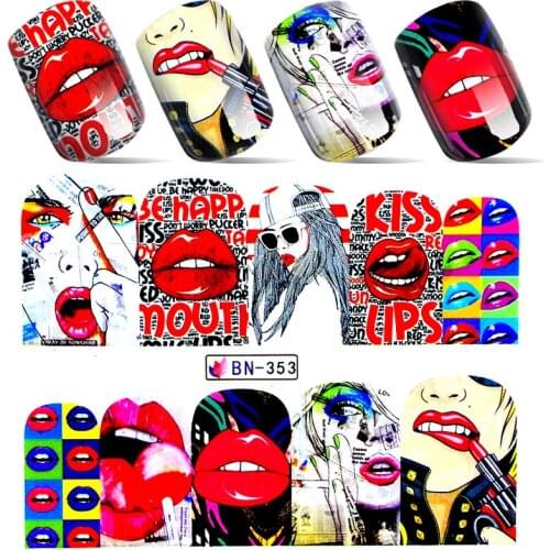1 Sheet Nail Stickers Water Transfer Decals Adhesive Beauty Sexy Women Red Lips Slider Manicure Nail Art Decoration BN351-360