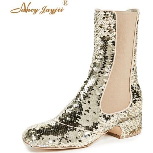 Woman Ankle Boots Golden Ladies Shoes Chelsea Solid Block Chunky Heels Bling Sequined Cloth Casual Dress Party Size 45 46 39 40