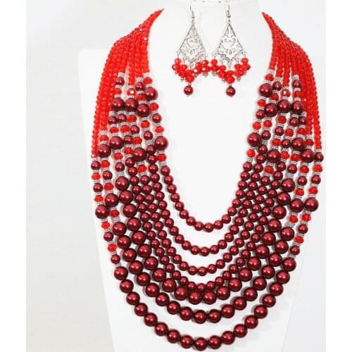 Newly design statement necklace earrings 7 rows red shell simulated-pearl crystal fashion high quality jewelry set B1299