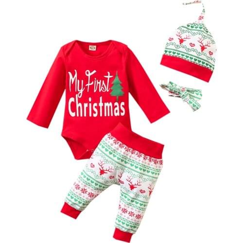 OPPERIAYA 4Pc Newborn My First Christmas autumn Outfits Infant Long Sleeve Round Neck Letter Bodysuit Print Trouser Hat Headband