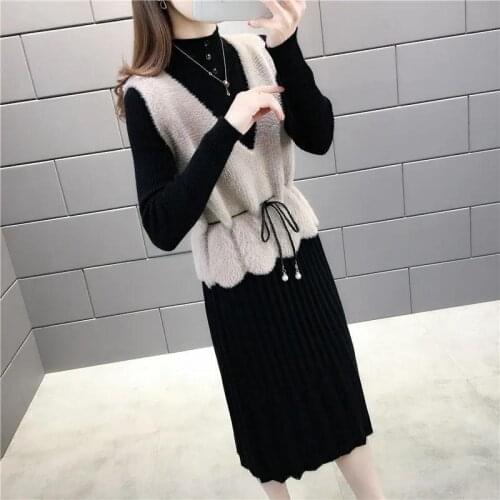 Autumn Winter Dress Women New Korean version Slim Knitted Vest Two-piece Womens Waist Dress Sleeveless Vest Jacket Famme Dress