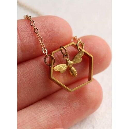 Bee Hive Necklace ... Honey Bee Honeycomb Hexagon Geometric Brass INSIDE BEE NECKLACE KL30FO