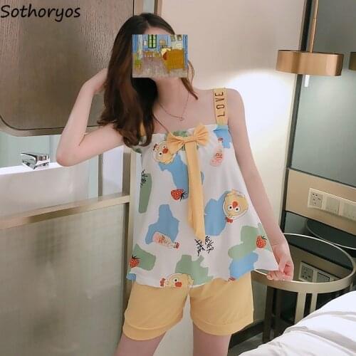 Pajama Sets Women Summer Sleeveless Shorts Spaghetti Strap Printed Bow Ruffles Korean Style Cute Soft Fashion Sweet New Ladies