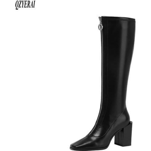 QZYERAI 2020 New winter Genuine leather knee boots Women boots Motorcycle boots Female boots 7cm high heels warm Women shoes