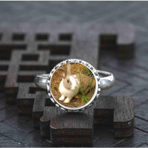 925 Sterling silver Ring gray and white rabbit jewelry adjustable wedding