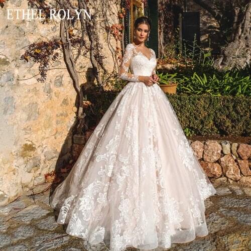 ETHEL ROLYN Pink Long Sleeve Wedding Dress 2021 Vestido De Noiva Romantic Appliques Button Illusion Princess Bride Gown