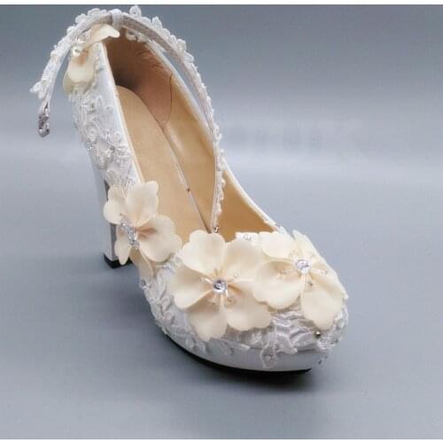 High block heels platforms wedding shoes bride ankle buckle straps champagne flower lace bridal wedding pumps shoe