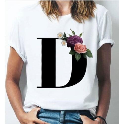 26 alphabet letter women T-shirt Girl A To Z Alphabet combination flowers Short Sleeve casual Korean Style Tops,Drop Ship
