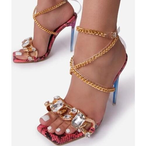 Summer Women Sandals Square Toe Metal Decoration Ladies Heel High Heels sandals Female Fashion Big Diamond Chain Shoes Woman