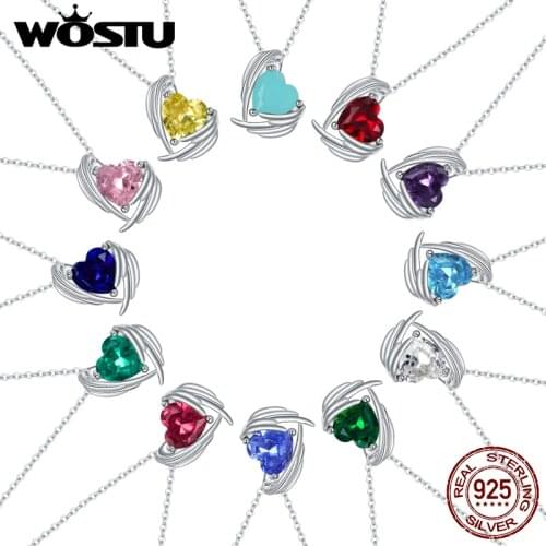 WOSTU Love Of 12 Birthstone Necklaces 925 Sterling Silver Colorful Pendant For Women Simple Fine Necklace Jewelry Collar BNN218