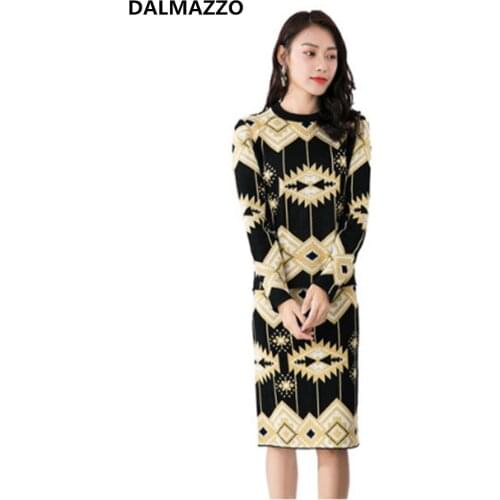 Womens Printed Pattern Rhombic Knit Sweater Skirt Suit Tops + Half Skirt 2 Pieces Set 2020 Newest Autumn Womens Clothing Suits
