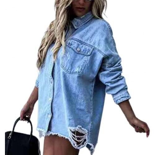 Womens Denim Coat Solid Color Ripped Autumn Winter Single-breasted Turndown Collar Irregular Hem Jeans Shirt Streetwear