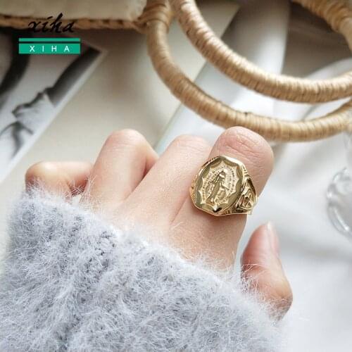XIHA 925 Sterling Silver Gold Ring Portrait Maria Gothic Open Adjustable Rings for Women Steampunk Boho Statement Jewelry 2020