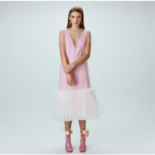 Kawaii Pink Women Dress Deep V-Neck A-Line Tea Length Splicing See Thru Tulle Summer Dresses Photography Custom Made
