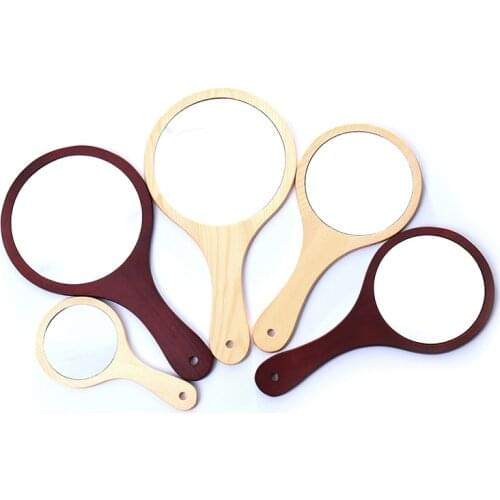 1PCS Portable HD Round Wood Vintage Hand Mirror Make Up Mirrors With Handle For Women 3 Size 2 Colors