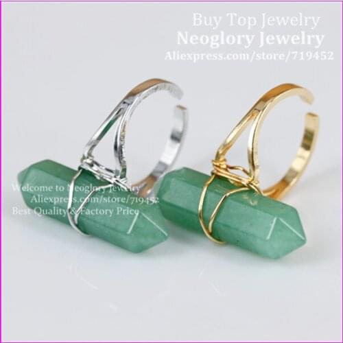 10pcs Natural Green Aventurine Gems Finger Ring,Gold/Silver Wire Wrapped Bail Point Ring Hexagon Reiki Charka Quartz Druzy Ring