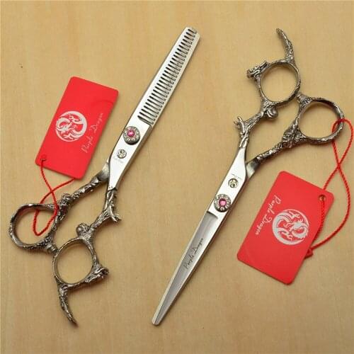 2Pcs 6'' 17.5cm Silvery 440C Professional Human Hair Scissors Hairdressing Shears Cutting + Thinning Shears Dragon Carving Z9005