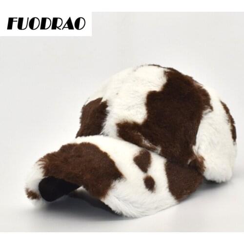 FUODRAO Autumn Winter Cows Faux Fur Baseball Cap Women Snapback Hats For Women Thick Warm Plush Baseball Cap Hip Hop Hat B40