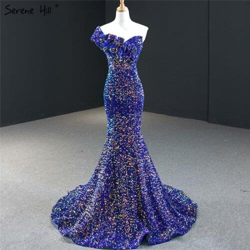 Dubai Sequins Sparkle Sexy Mermaid Evening Dresses 2020 Royal Blue One Shoulder Formal Dress Serene Hill BHM67111